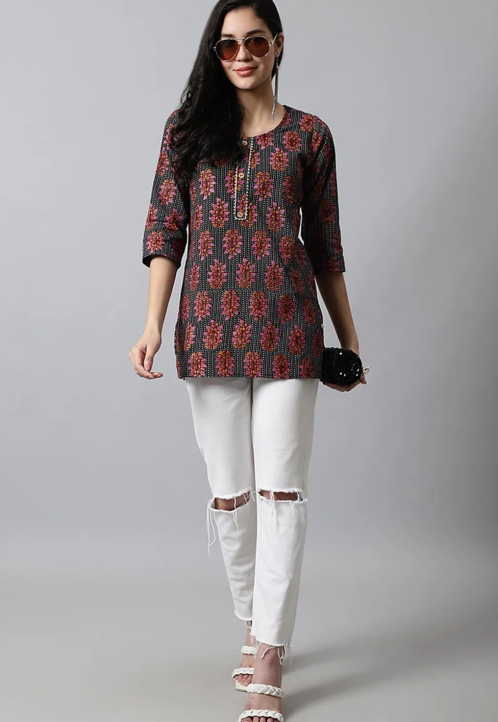 Digital Printed Pure Cotton Short Kurti in Black