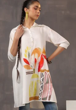 Digital Printed Pure Cotton Tunic in Off White