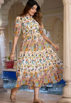 Digital Printed Pure Cotton A Line Dress in Off White