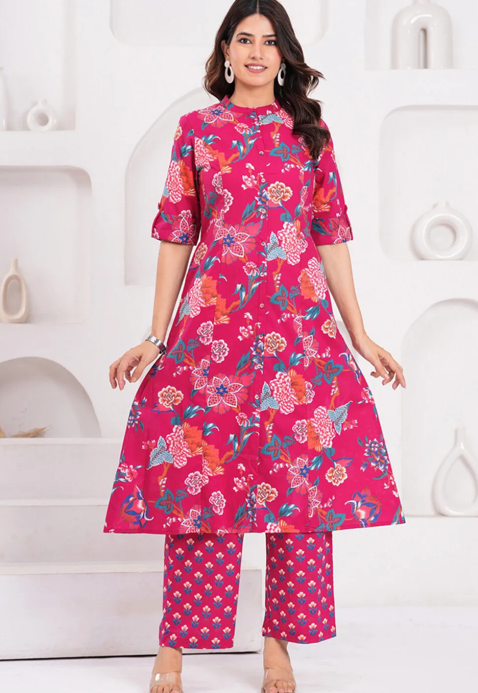 Digital Printed Pure Cotton A Line Kurta Set in Fuchsia