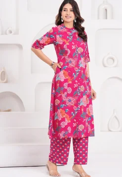 Digital Printed Pure Cotton A Line Kurta Set in Fuchsia