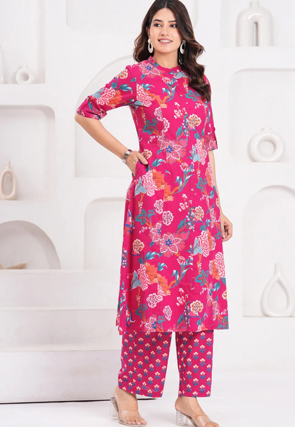 Digital Printed Pure Cotton A Line Kurta Set in Fuchsia