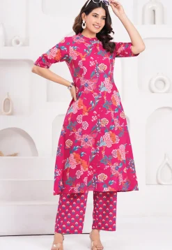 Digital Printed Pure Cotton A Line Kurta Set in Fuchsia