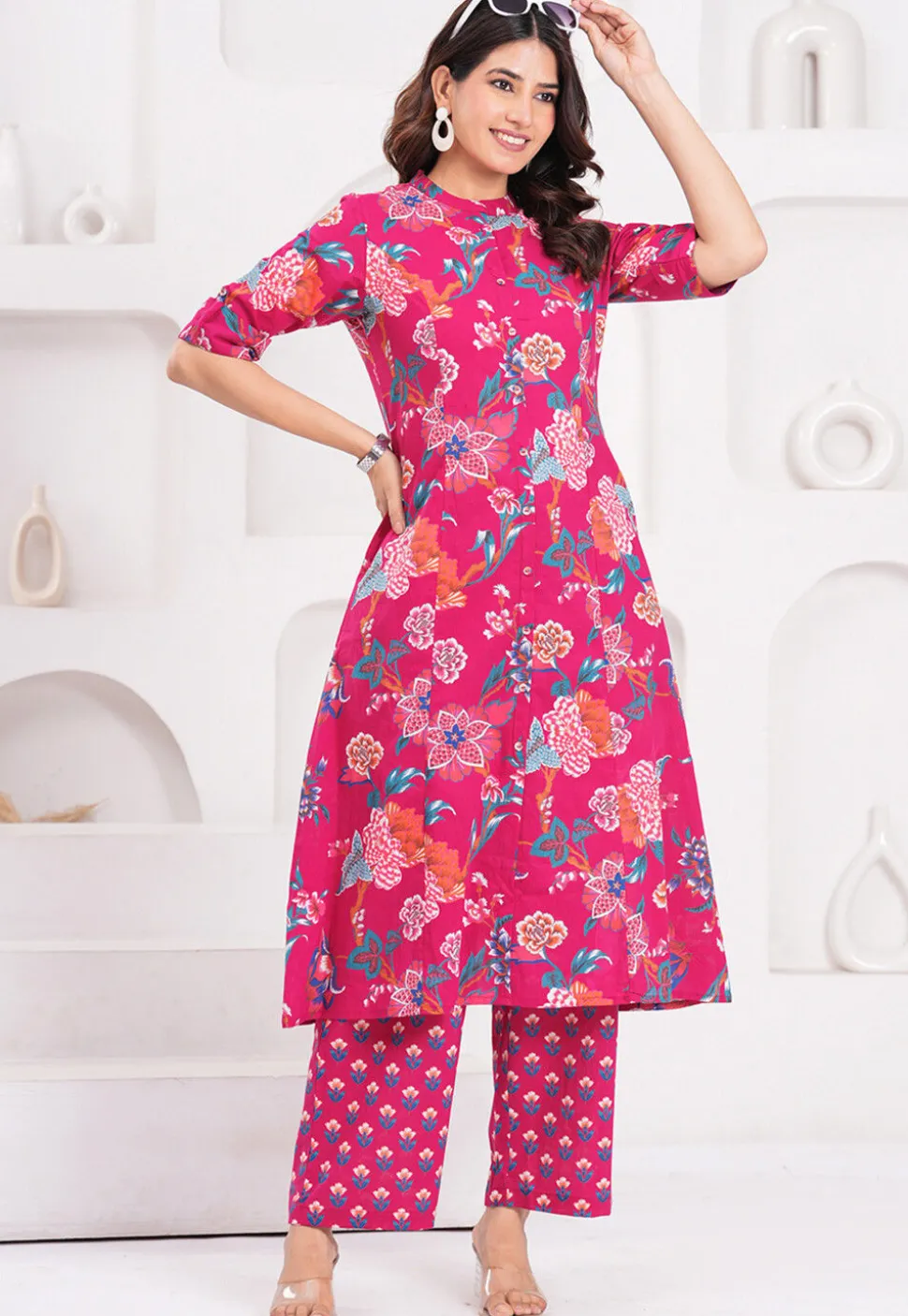 Digital Printed Pure Cotton A Line Kurta Set in Fuchsia