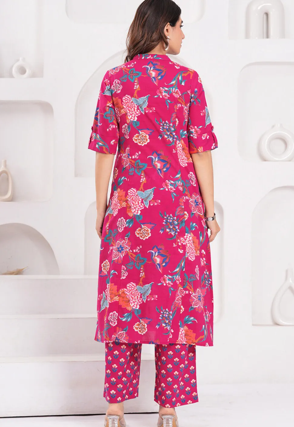 Digital Printed Pure Cotton A Line Kurta Set in Fuchsia