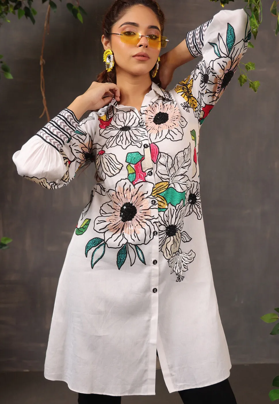 Digital Printed Pure Cotton Tunic in Off White