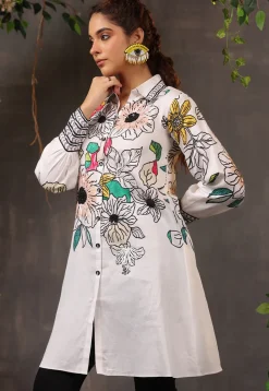 Digital Printed Pure Cotton Tunic in Off White