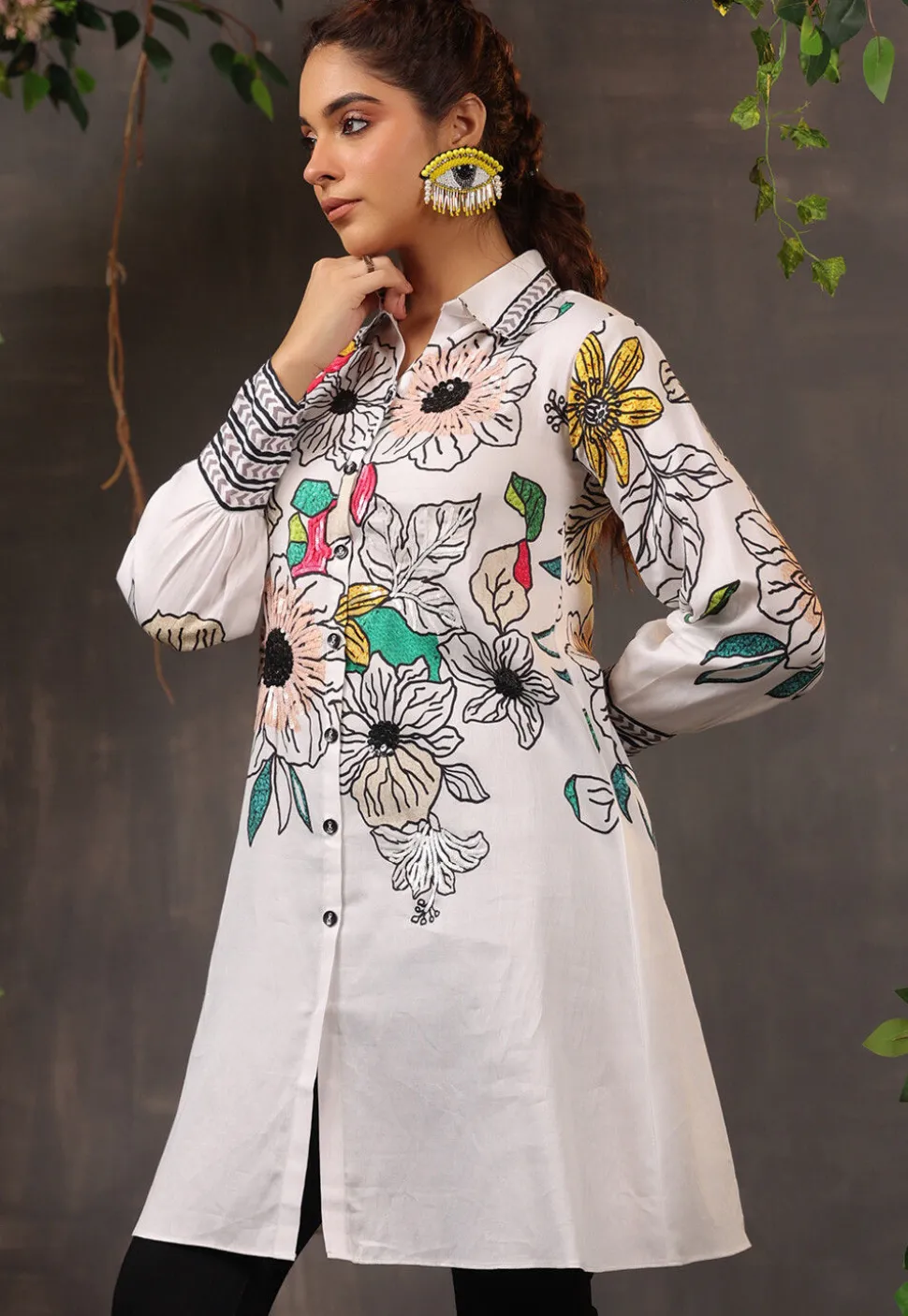 Digital Printed Pure Cotton Tunic in Off White