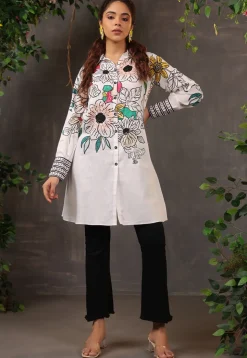 Digital Printed Pure Cotton Tunic in Off White