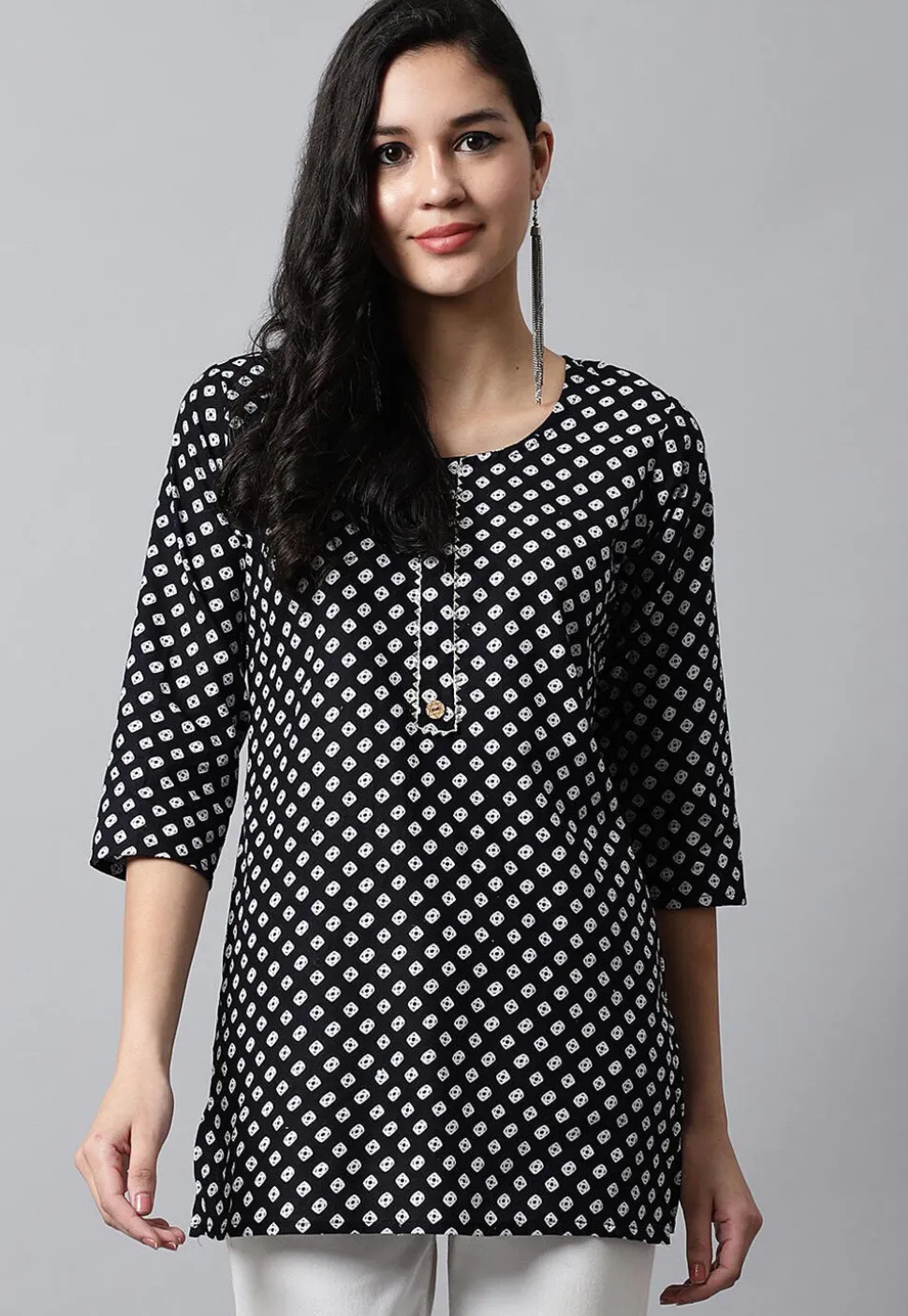 Digital Printed Pure Cotton Short Kurti in Black