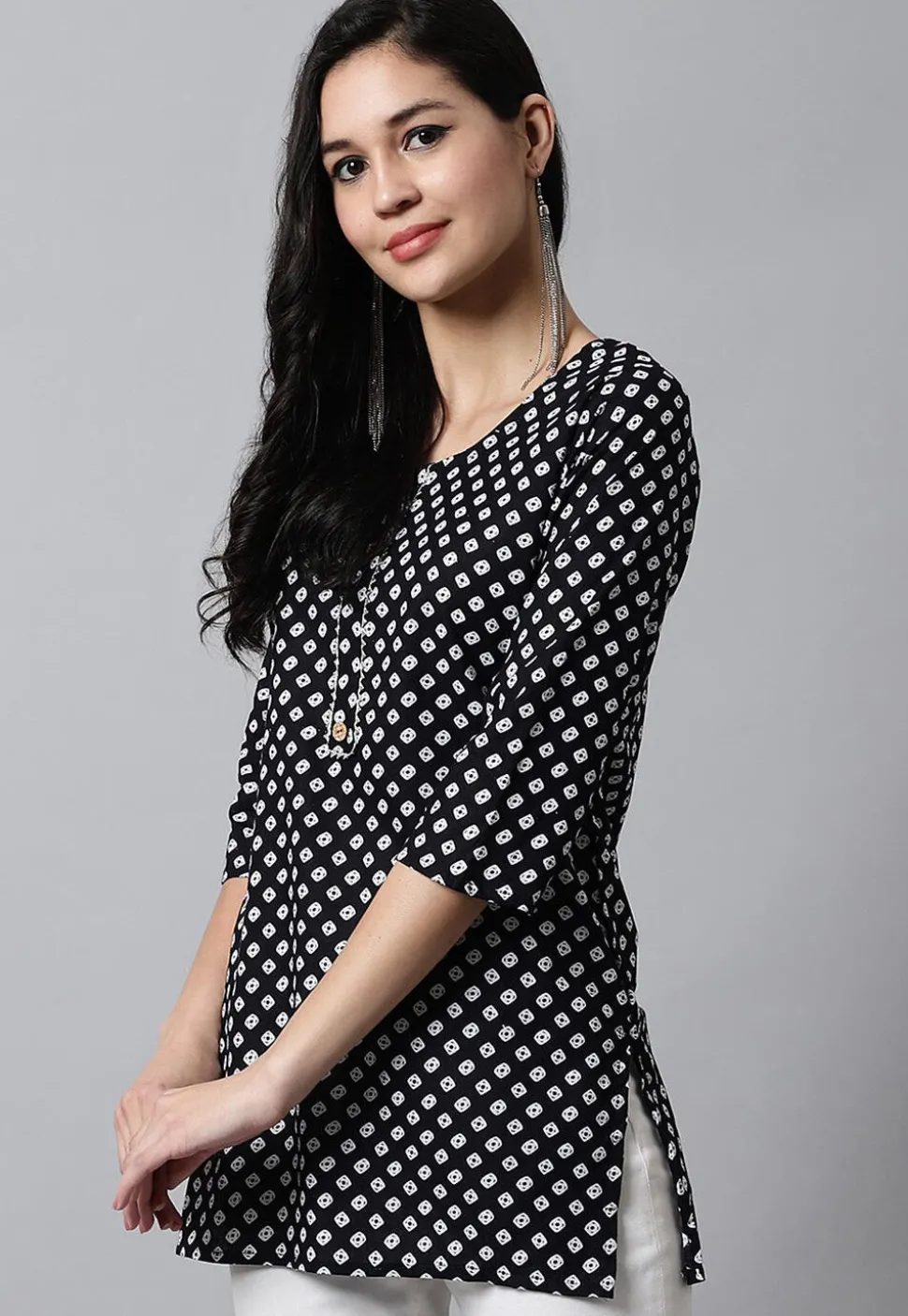 Digital Printed Pure Cotton Short Kurti in Black