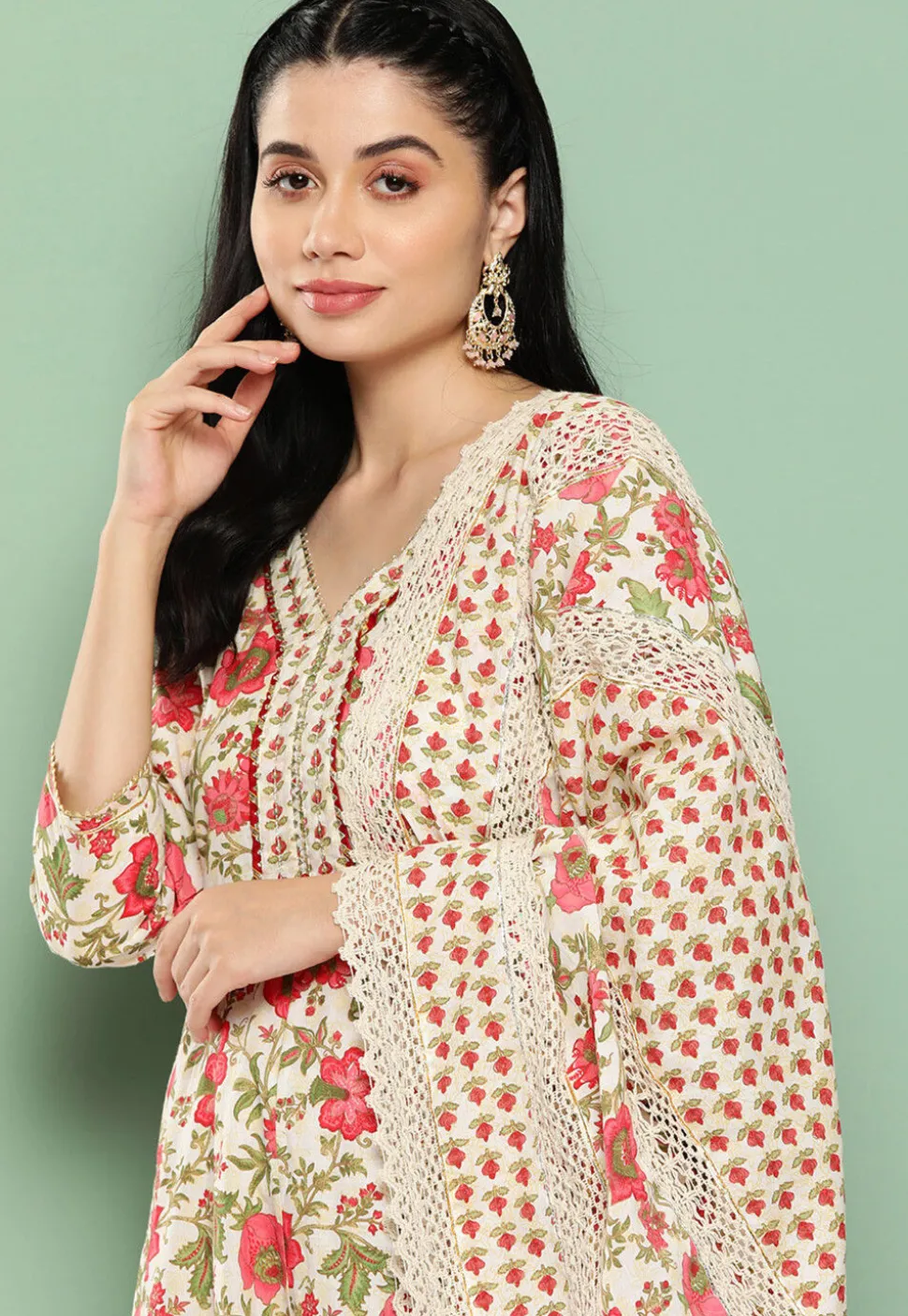 Digital Printed Pure Cotton Anarkali Suit in Off White