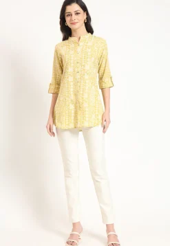 Digital Printed Pure Cotton Tunic in Yellow