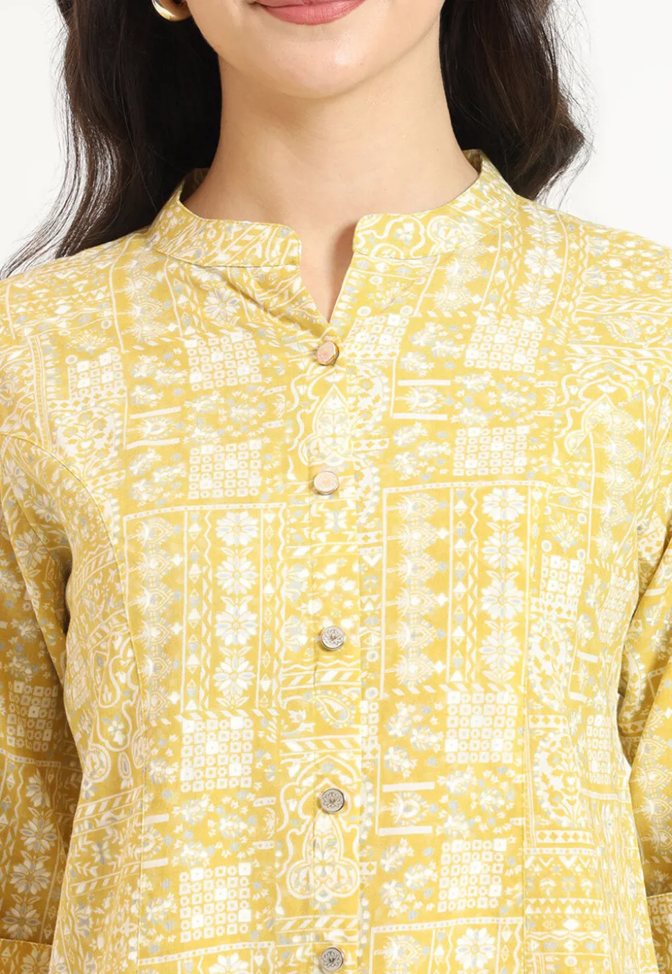 Digital Printed Pure Cotton Tunic in Yellow