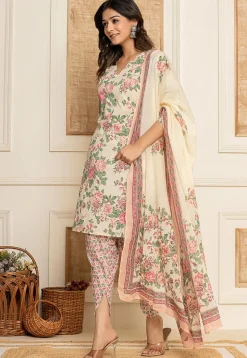 Digital Printed Pure Cotton Punjabi Suit in Cream