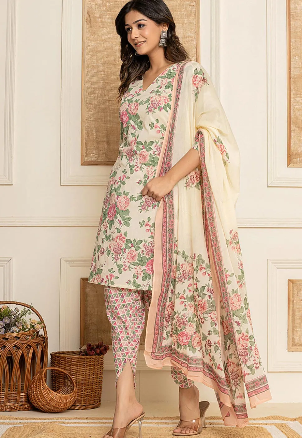 Digital Printed Pure Cotton Punjabi Suit in Cream