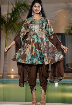 Digital Printed Pure Cotton Punjabi Suit in Dark Brown