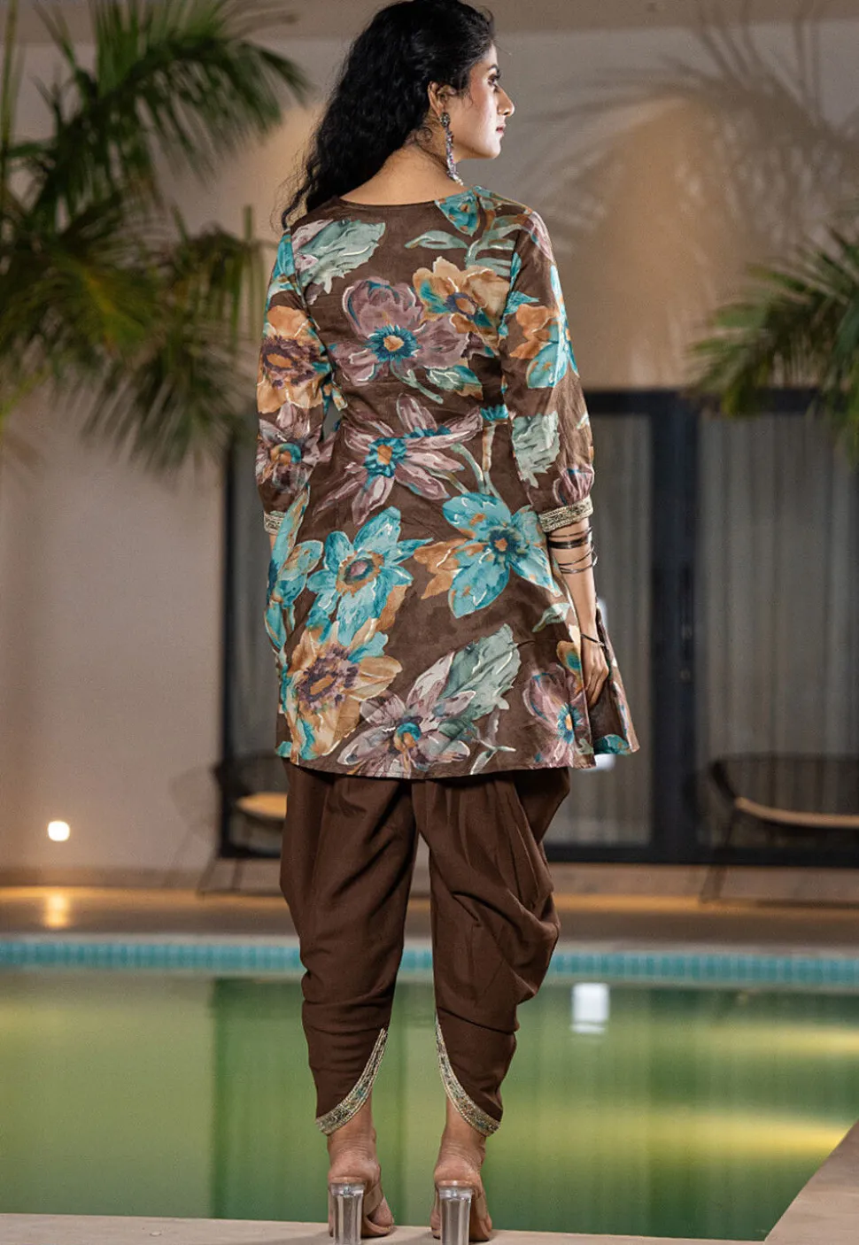 Digital Printed Pure Cotton Punjabi Suit in Dark Brown