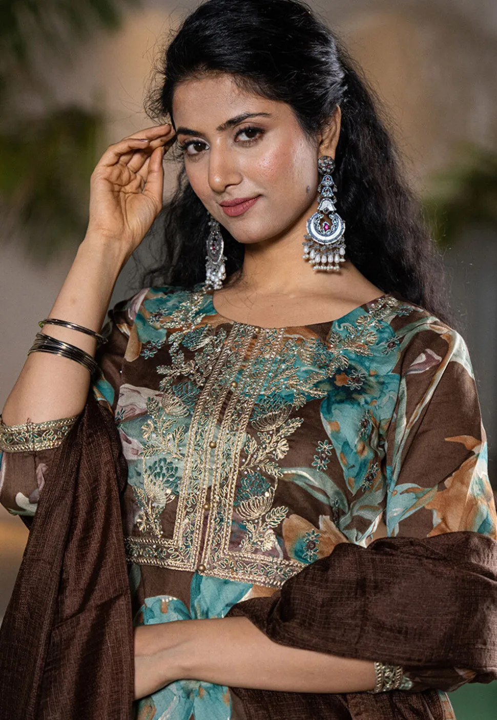 Digital Printed Pure Cotton Punjabi Suit in Dark Brown