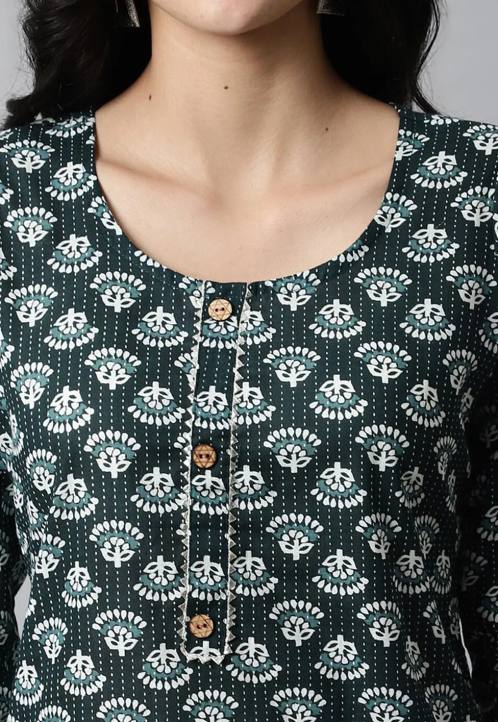 Digital Printed Pure Cotton Short Kurti in Dark Green