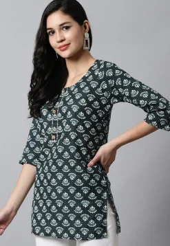 Digital Printed Pure Cotton Short Kurti in Dark Green