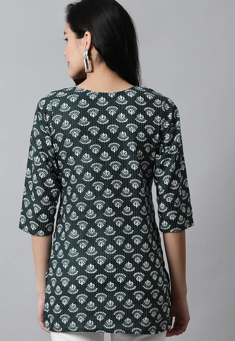 Digital Printed Pure Cotton Short Kurti in Dark Green