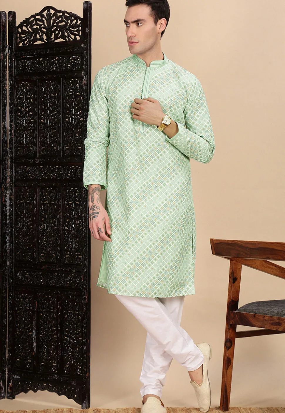 Digital Printed Pure Cotton Kurta in Sea Green