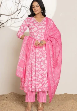 Digital Printed Pure Cotton A Line Suit in Pink
