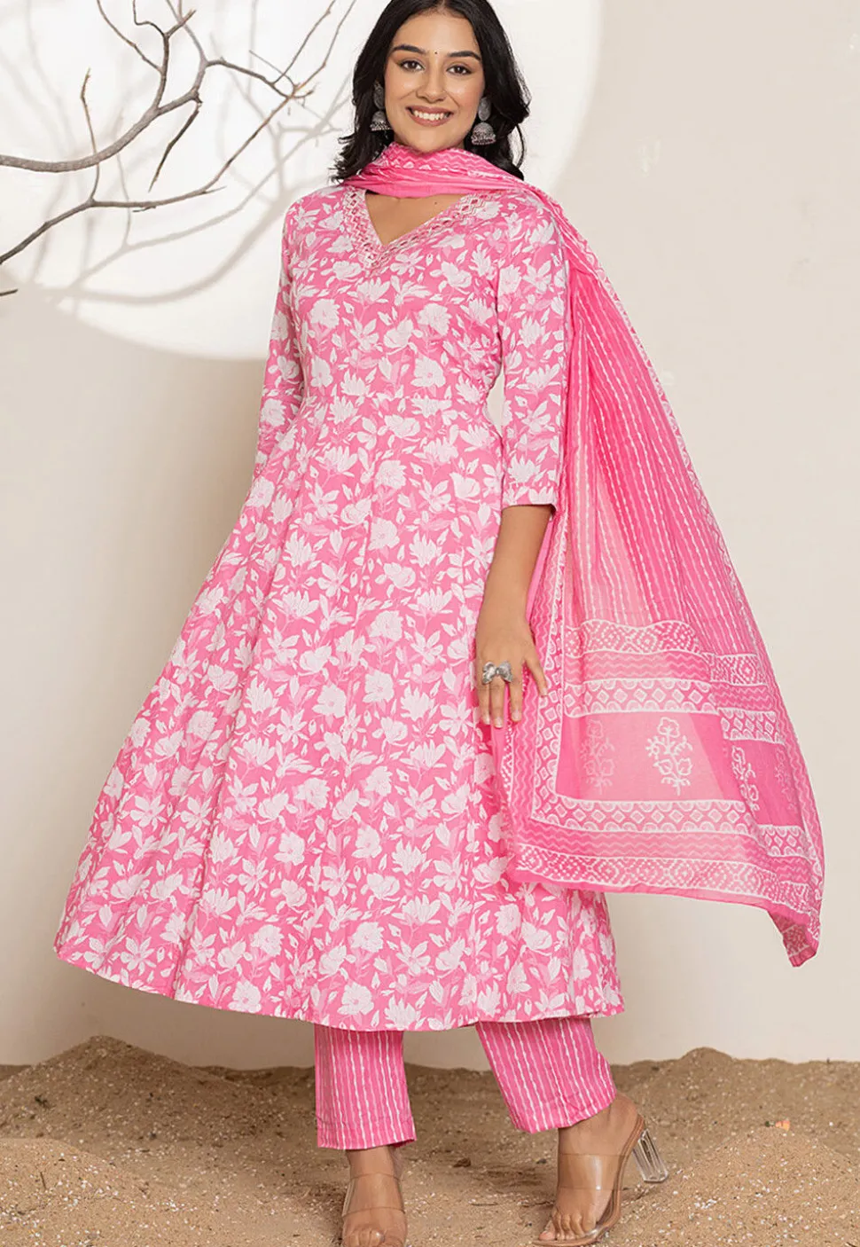 Digital Printed Pure Cotton A Line Suit in Pink