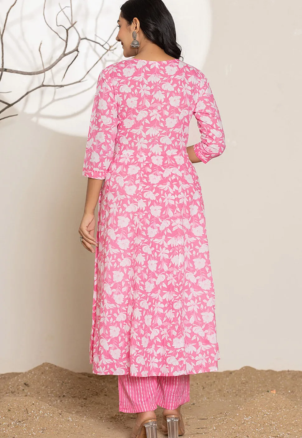 Digital Printed Pure Cotton A Line Suit in Pink