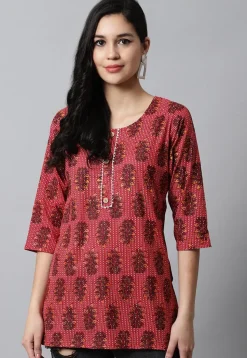 Digital Printed Pure Cotton Short Kurti in Red
