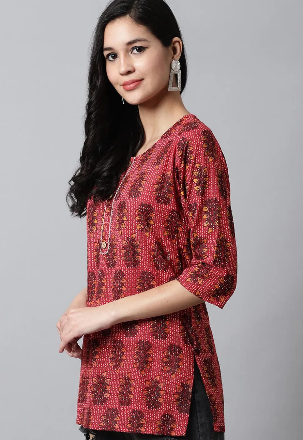 Digital Printed Pure Cotton Short Kurti in Red