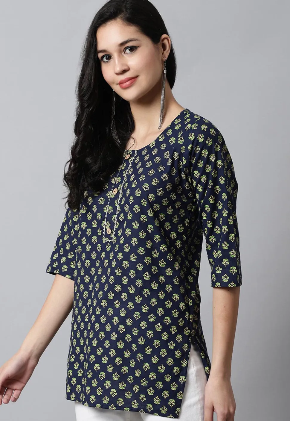 Digital Printed Pure Cotton Short Kurti in Navy Blue