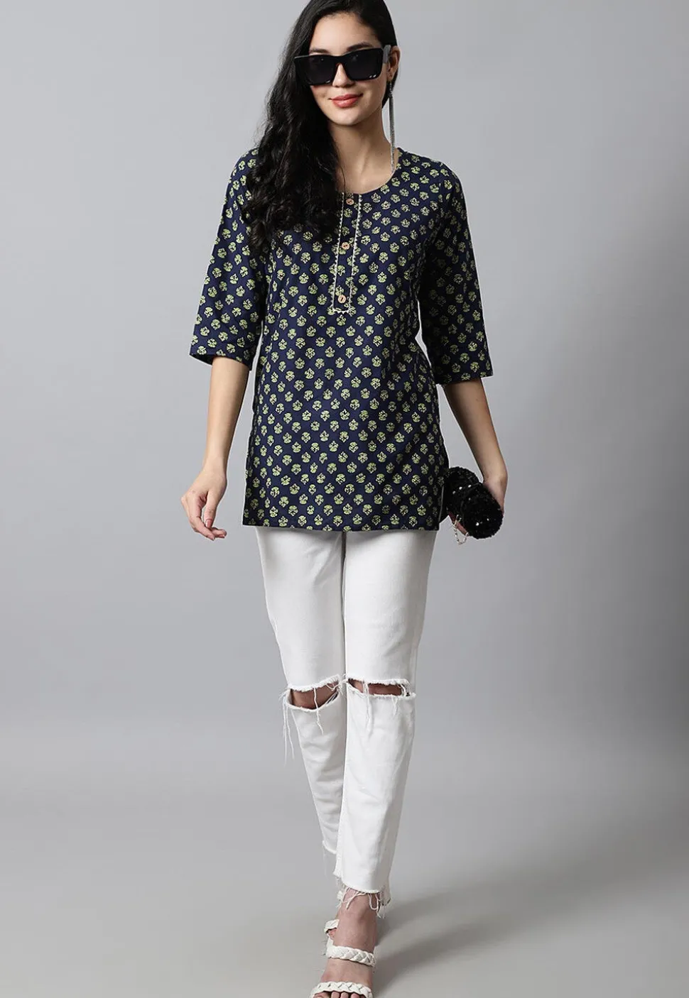 Digital Printed Pure Cotton Short Kurti in Navy Blue
