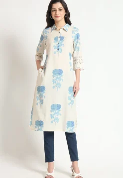 Digital Printed Pure Cotton Straight Kurta in Light Beige