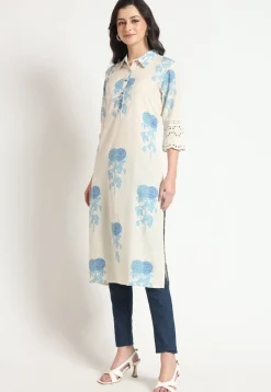 Digital Printed Pure Cotton Straight Kurta in Light Beige