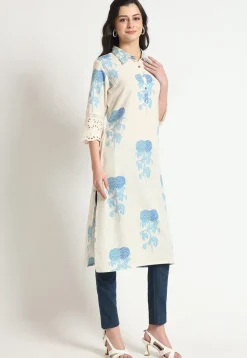 Digital Printed Pure Cotton Straight Kurta in Light Beige