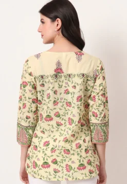 Digital Printed Pure Cotton Kurti in Light Yellow
