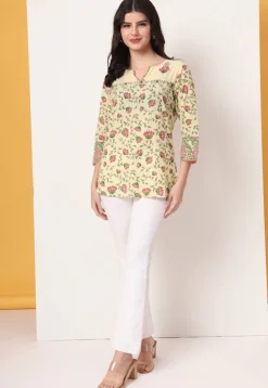 Digital Printed Pure Cotton Kurti in Light Yellow