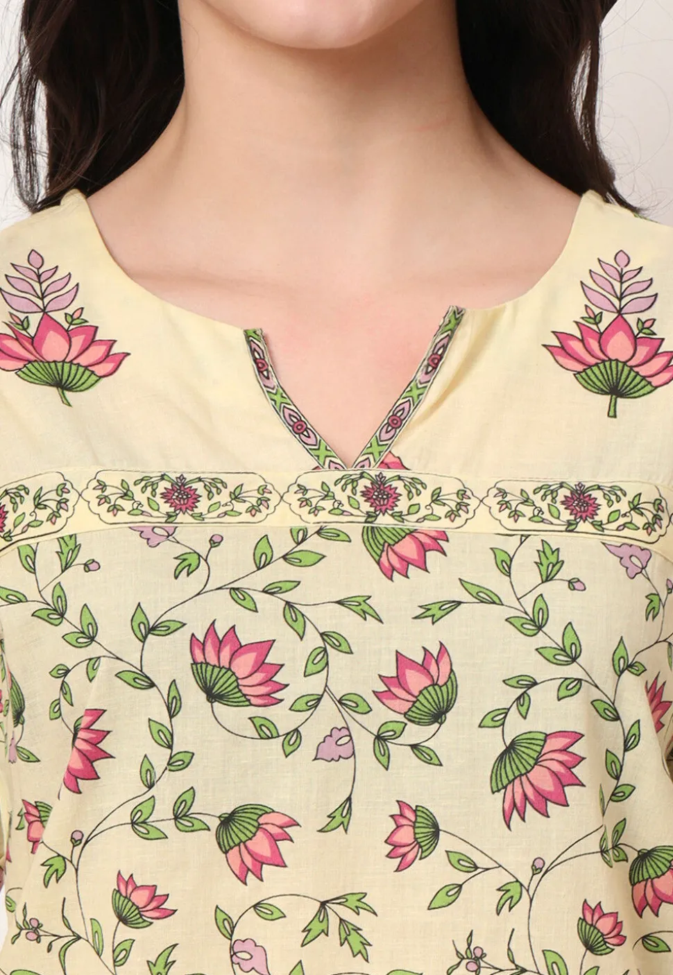 Digital Printed Pure Cotton Kurti in Light Yellow