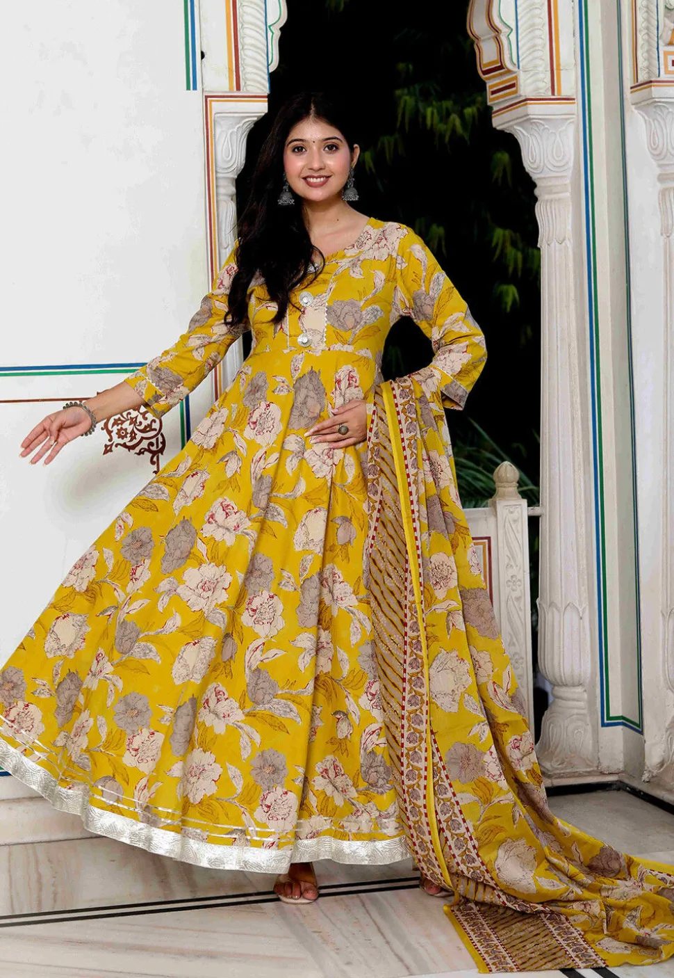 Digital Printed Pure Cotton Abaya Style Suit in Yellow