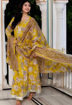 Digital Printed Pure Cotton Abaya Style Suit in Yellow