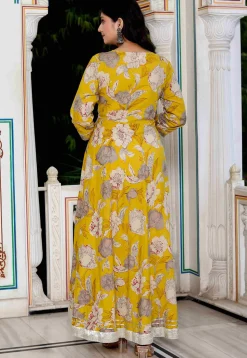 Digital Printed Pure Cotton Abaya Style Suit in Yellow