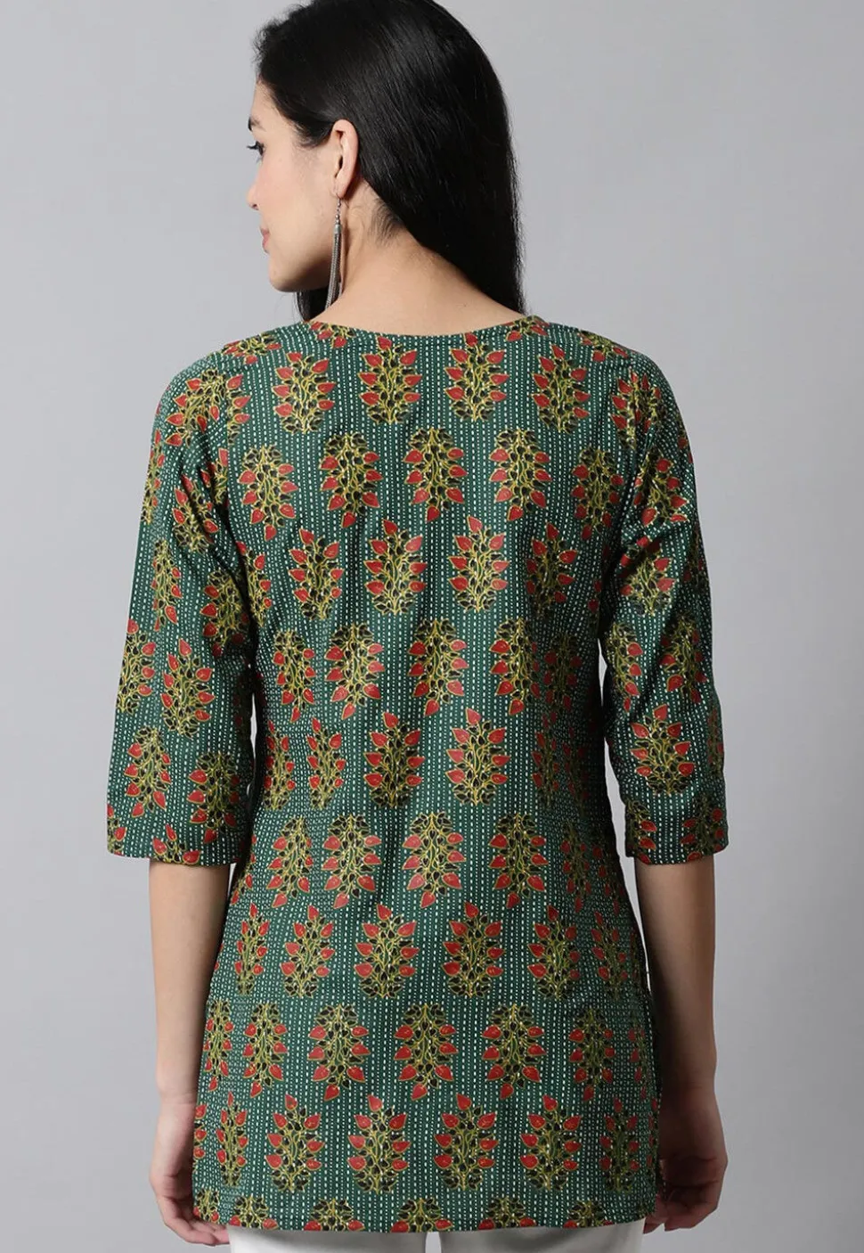 Digital Printed Pure Cotton Short Kurti in Teal Green