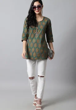 Digital Printed Pure Cotton Short Kurti in Teal Green