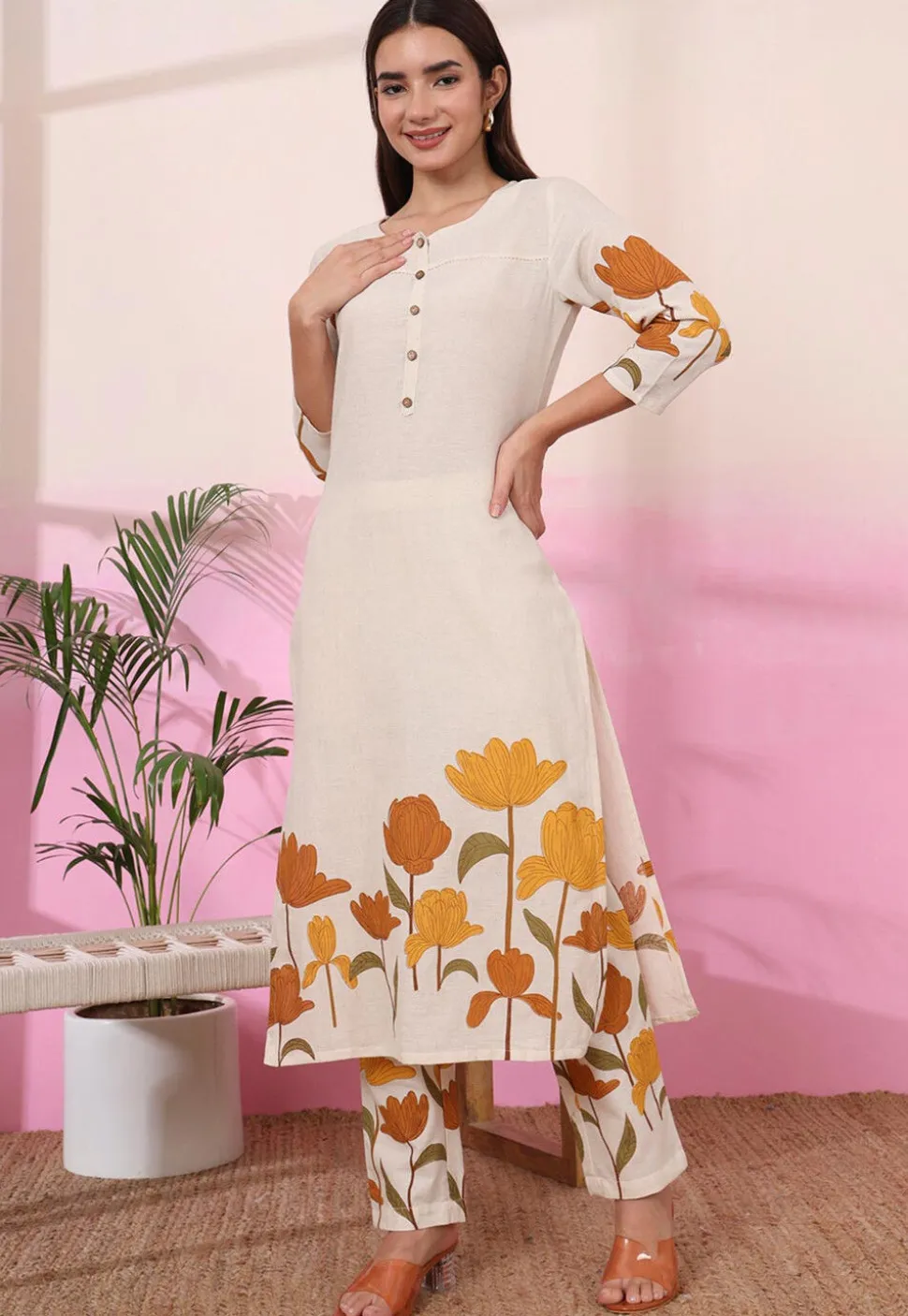 Digital Printed Pure Cotton Co Ord Set in Cream