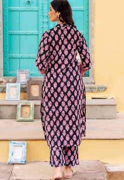 Digital Printed Pure Cotton Straight Kurta Set in Black
