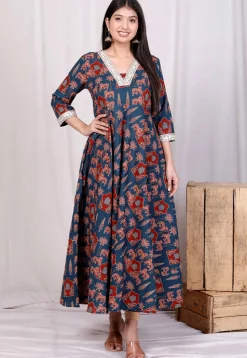 Digital Printed Pure Cotton A Line Kurta in Teal Blue