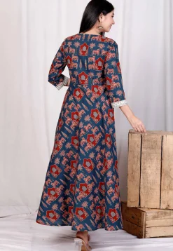 Digital Printed Pure Cotton A Line Kurta in Teal Blue