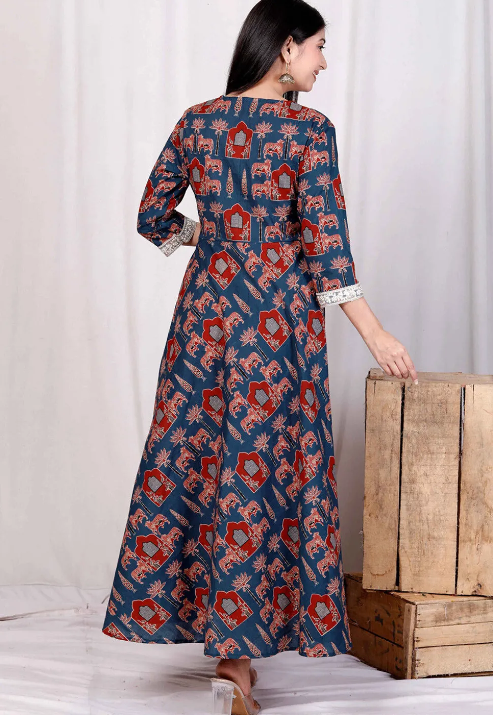 Digital Printed Pure Cotton A Line Kurta in Teal Blue